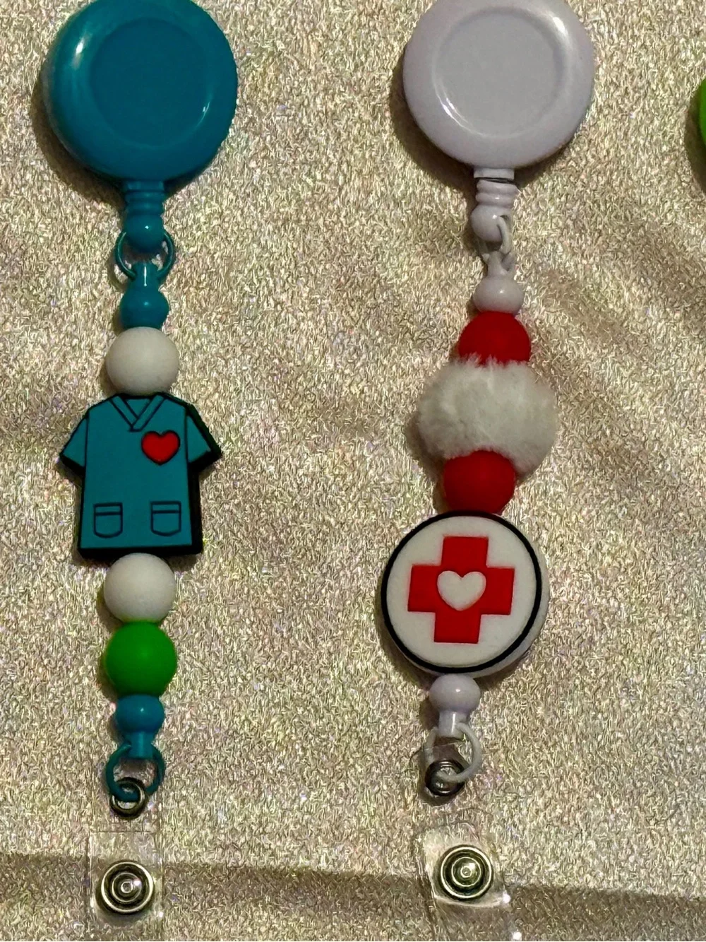 Handmade Beaded Preppy Medical Red Cross Heart Badge Reel & Keychain Set